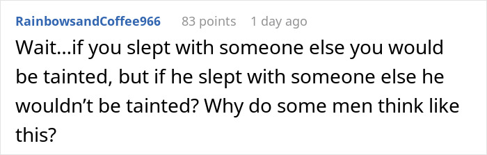 Reddit comment questioning double standards on women and hookups after a long relationship.