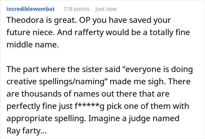 Reddit comment discussing name choices and creative spellings with humorous critique.