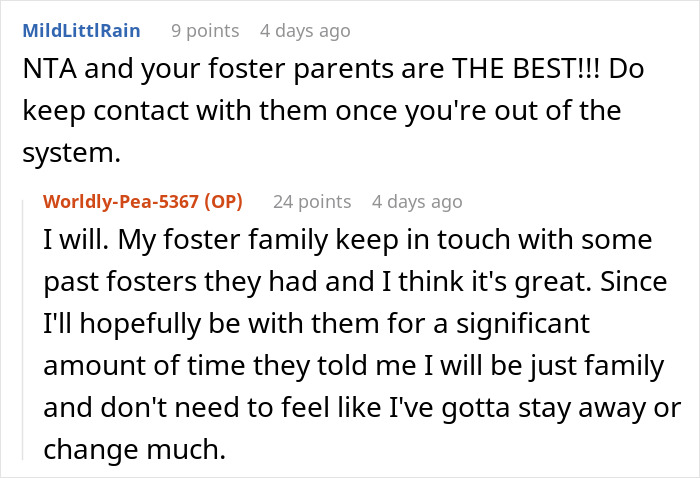 Reddit comments discussing foster families, highlighting the importance of keeping contact with supportive people.