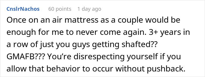 Comment discussing a couple on an air mattress during family holidays, highlighting frustration over repeated experiences.