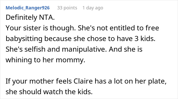 “AITA For Refusing To Babysit My Sister’s Kids After She Said I’m ‘Not A Real Parent’?”