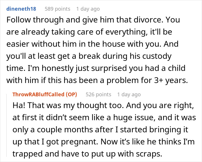 Reddit comments discussing a husband's attempted manipulation and relationship issues.