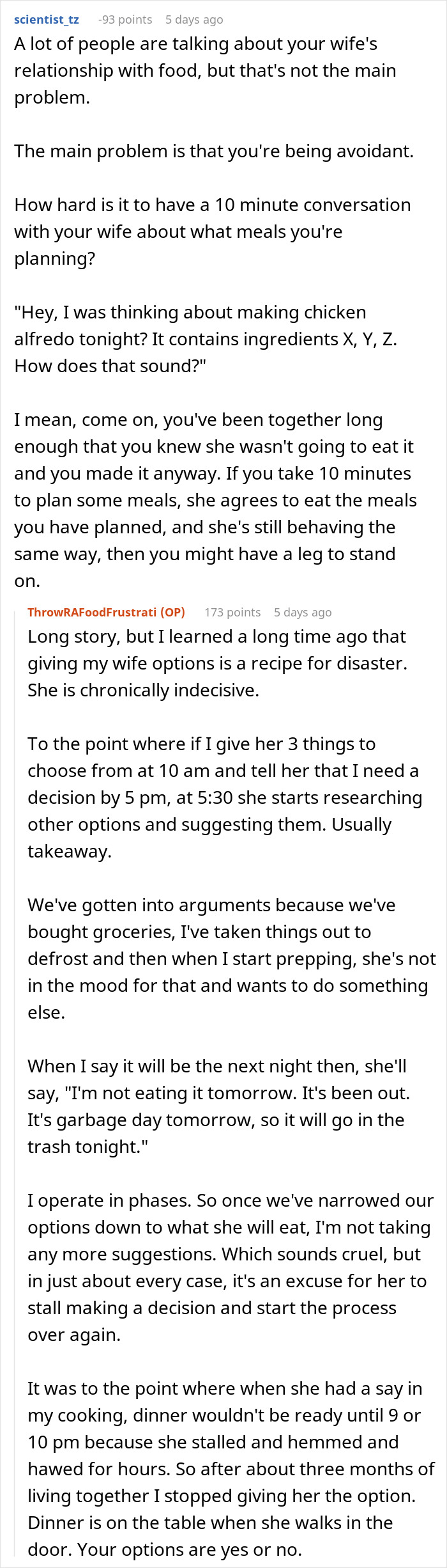 Reddit comments discussing a husband's frustration with wife's indecision on meals and complaints about food.