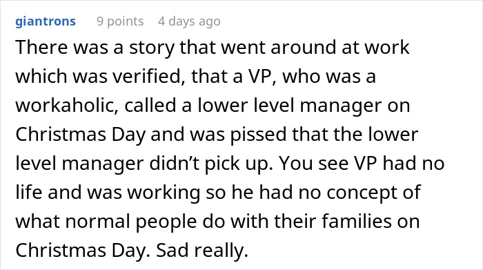 Text image about a VP upset that a boss called a manager on Christmas, highlighting a lack of boundaries on days off.