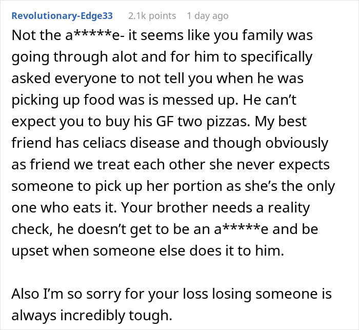 Reddit comment discussing a financial disagreement involving a privileged brother and his sister.