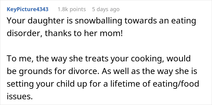 Reddit comment discussing concerns about eating disorders and cooking-related complaints.