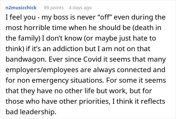 Text screenshot about a boss who doesn’t take time off, reflecting on bad leadership during non-emergency situations.