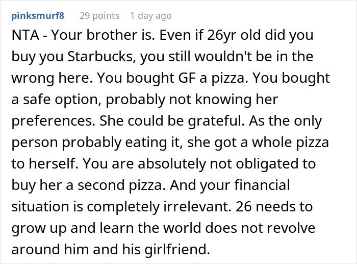 Reddit comment discussing a brother's entitlement over a bill disagreement.