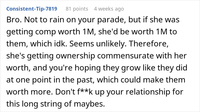 Man Wants Wife To Work At Job She Hates For 5 Years To Possibly Sell Shares Worth $1 Million