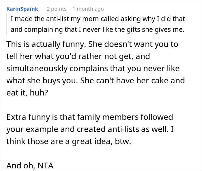 Reddit comment about creating a Christmas anti-list to avoid unwanted gifts like fun socks and Funko Pops.