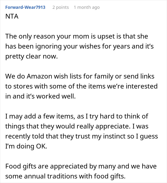 Text advice on creating Amazon wish lists, discussing family gift preferences.