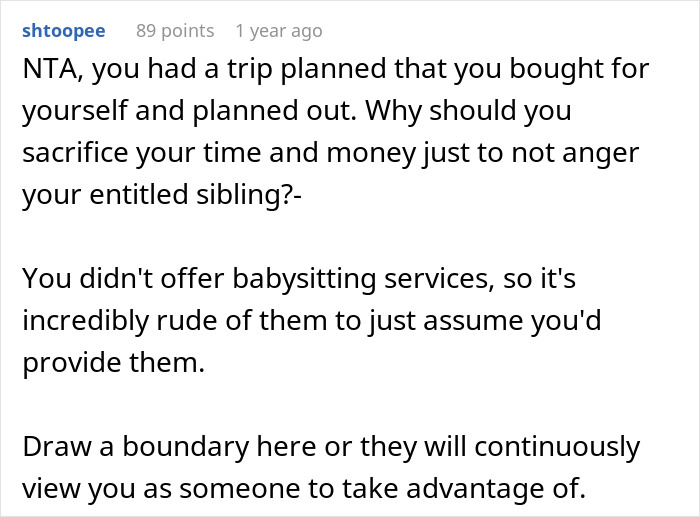 Comment discussing boundary setting on vacation, addressing family babysitting expectations.