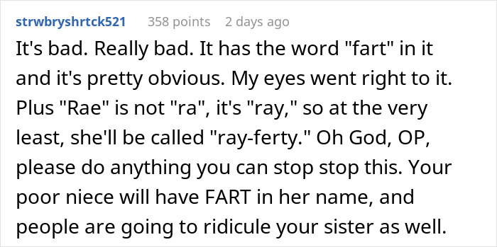 Text comment discussing the potential ridicule a child may face due to having "fart" in their name.