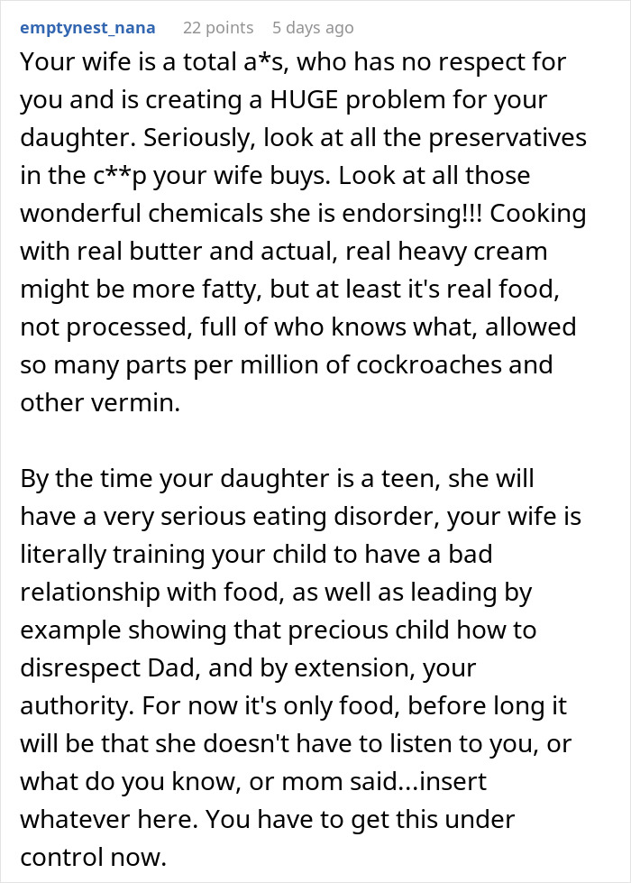 Text critique of wife's unhealthy food choices and its impact on family dynamics.