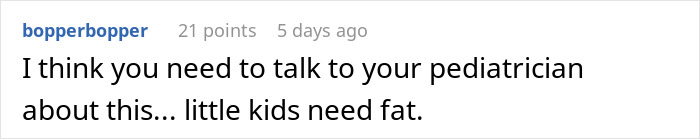 Reddit comment discussing children's dietary fat needs related to food complaints.