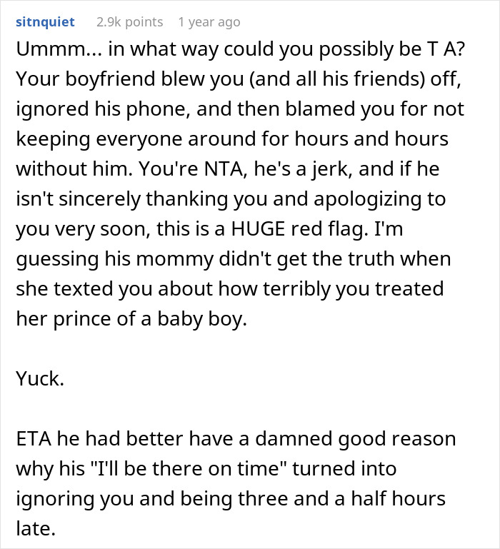 Woman Cancels BF’s Party Because He Was Late, Gets A Text From His Mom