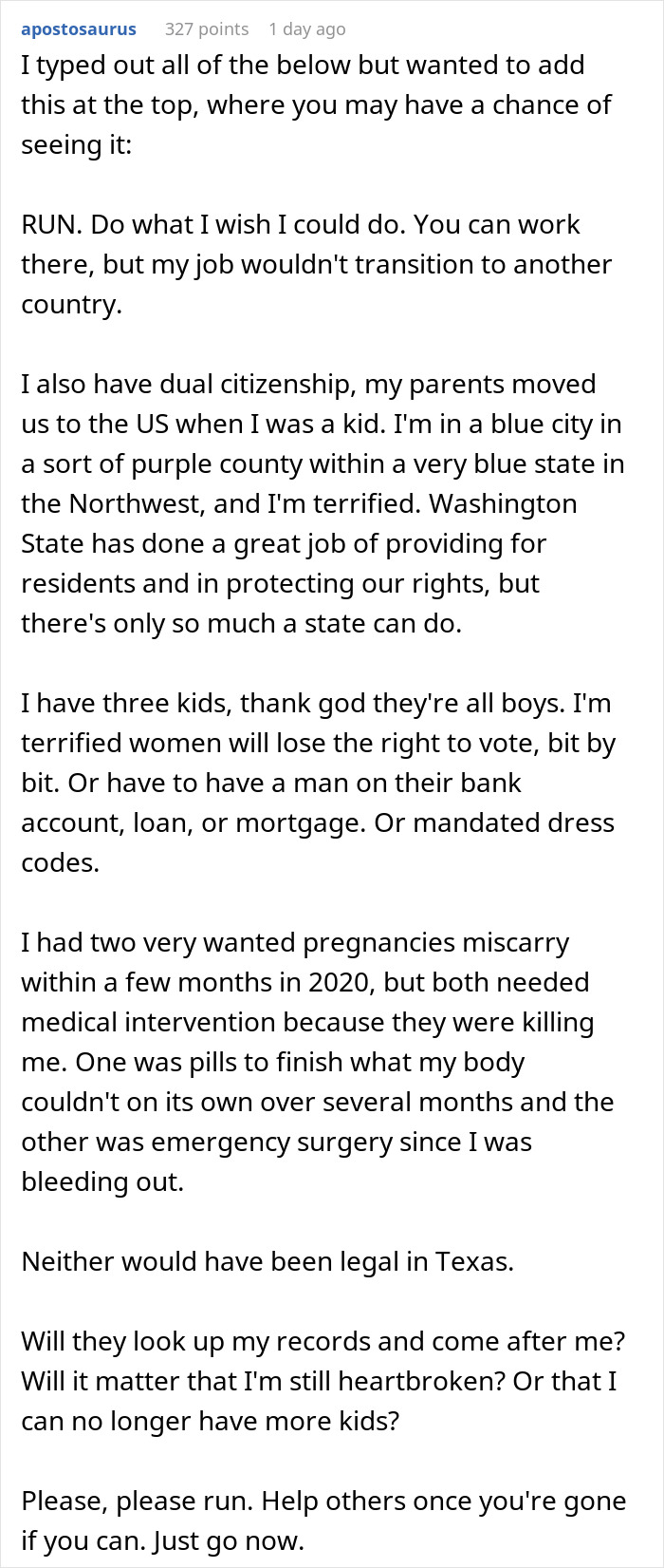 Text detailing a woman's experiences with family planning and her concerns about rights and legal issues.