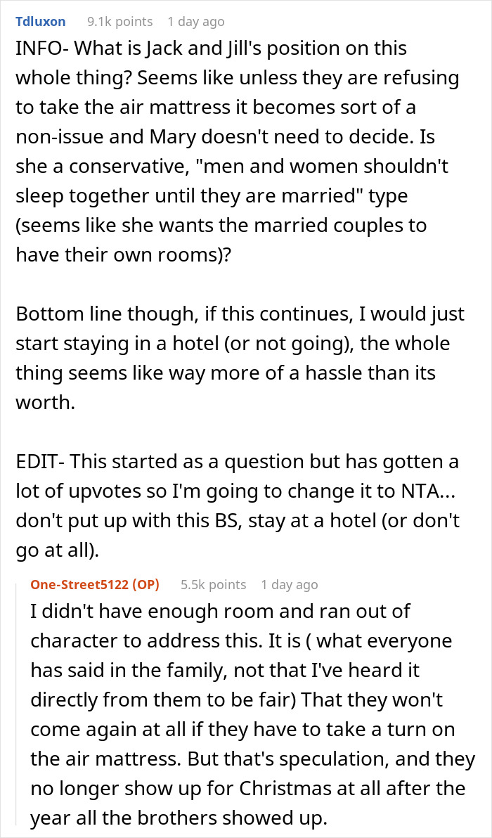 Comment thread discussing family holiday sleeping arrangements and air mattress issues.