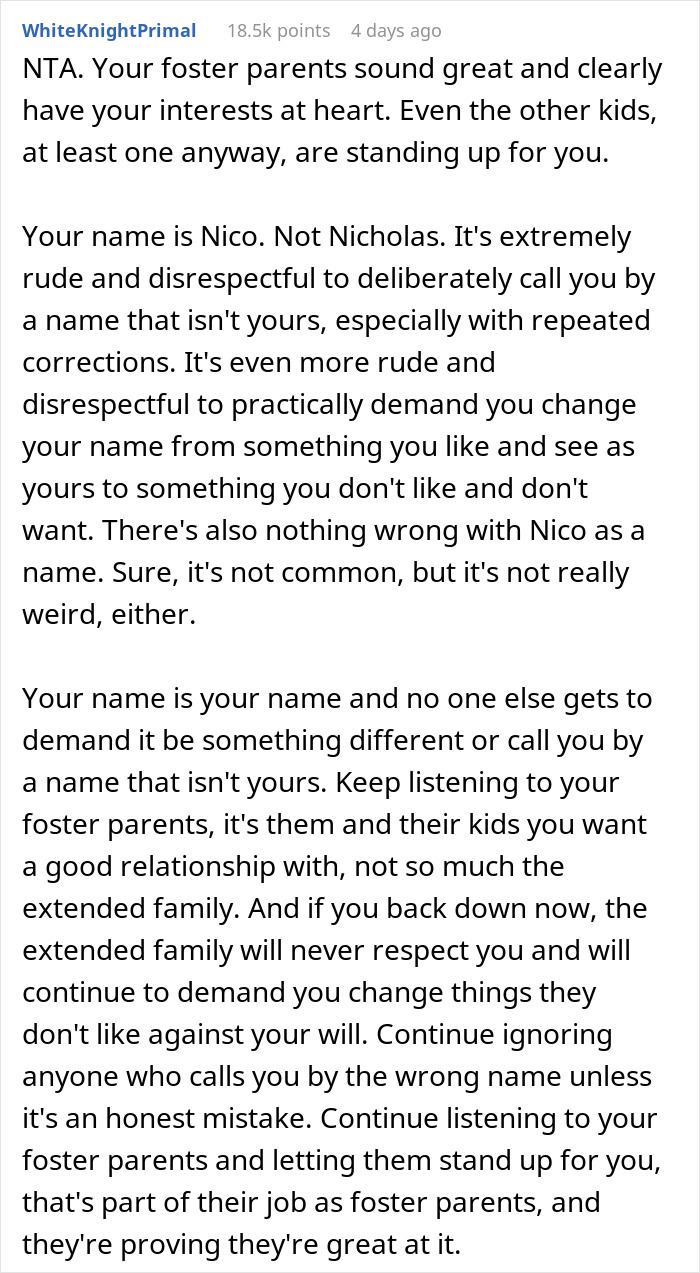 Text on a forum post discussing the importance of using a teen's real name.