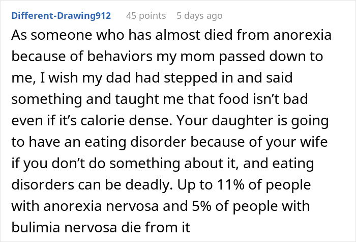 Text post discussing anorexia and eating disorders triggered by food complaints.