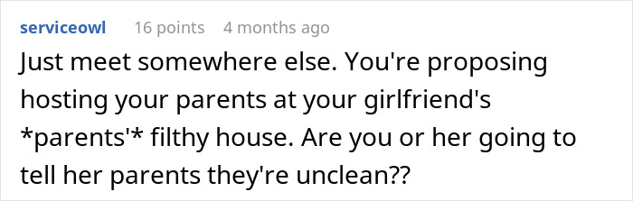 Comment discussing whether to tell girlfriend her parent's house is filthy.