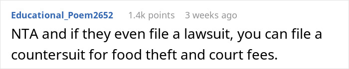 Comment suggesting a countersuit for food theft and court fees.