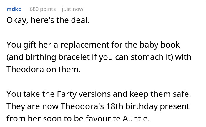 Text exchange discussing replacing a baby book and bracelet with "Theodora," saving original for an 18th birthday gift.