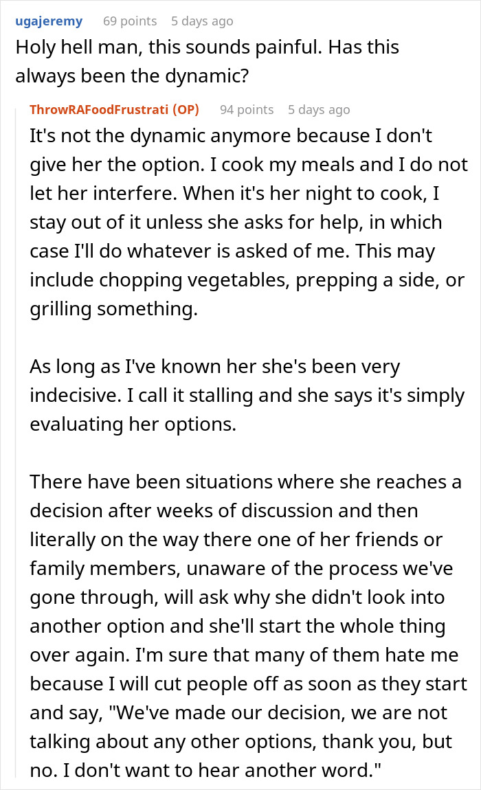 Reddit discussion about wife’s food complaints and household cooking dynamics.