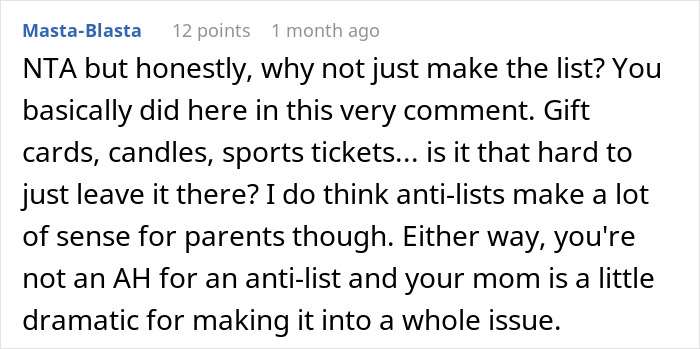 Comment discussing the idea of making a Christmas anti-list.