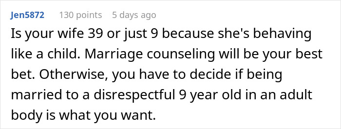 Text comment about wife behaving childishly and suggesting marriage counseling.