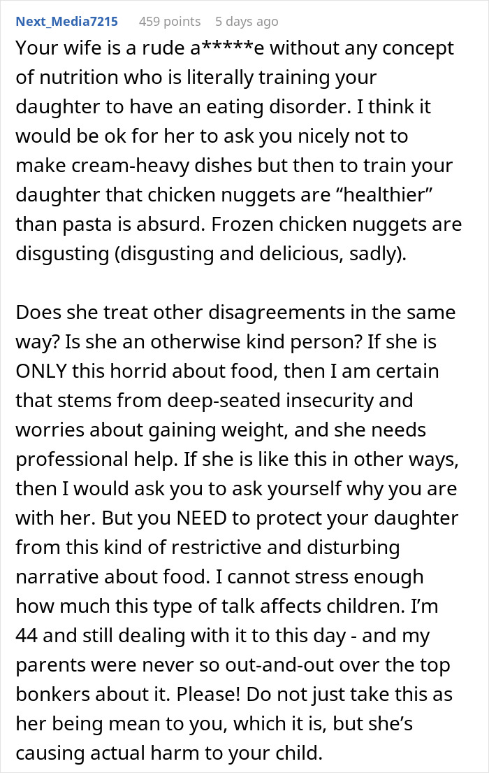 Reddit comment discussing issues with a wife’s food complaints leading to potential eating disorder concerns.