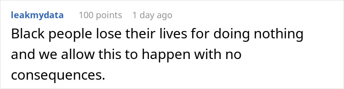 User comment expressing concern about racial injustice and lack of consequences.