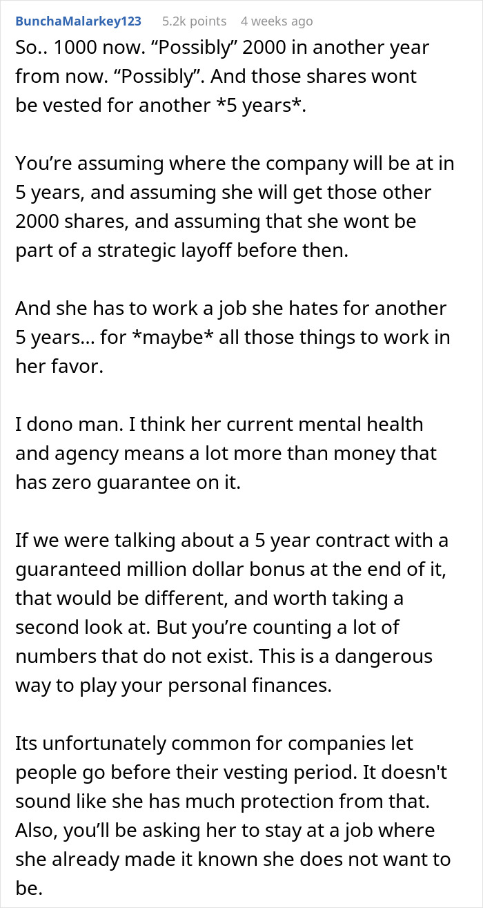 Man Wants Wife To Work At Job She Hates For 5 Years To Possibly Sell Shares Worth $1 Million