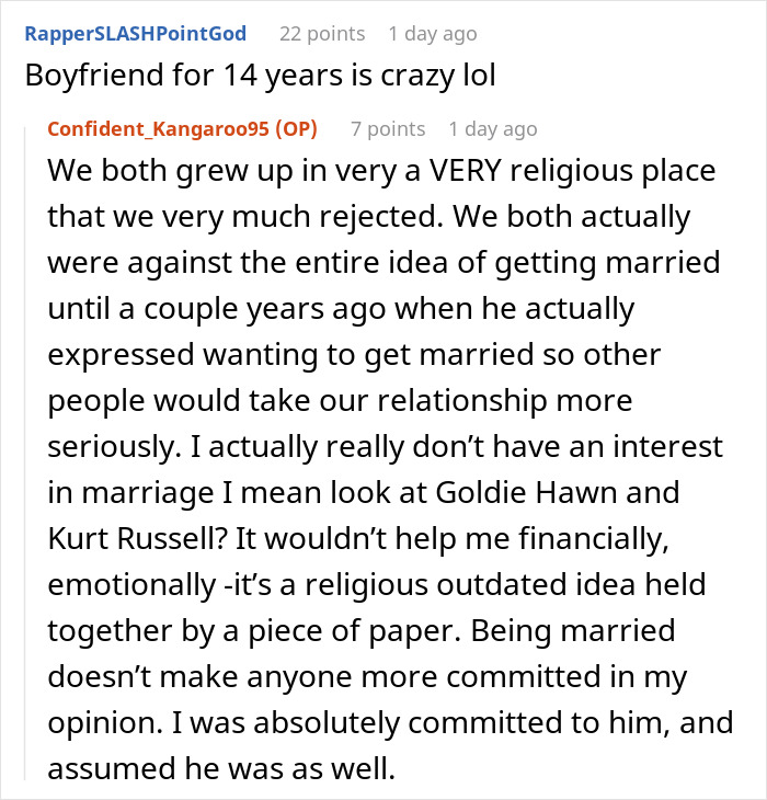 Reddit discussion about a woman\'s perspective on marriage after a long-term relationship.