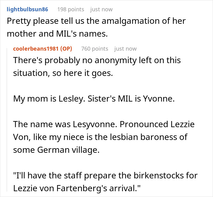 Comment thread discussing a unique baby name created from family names, sparking humorous reactions.