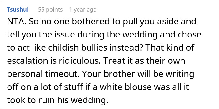 Woman Confused Why Brother Is Angry She Wore A White Blouse Under Her Black Suit To His Wedding