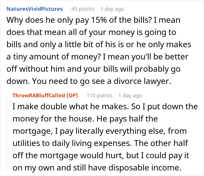 Text exchange discussing husband's attempted manipulation in finances and bills.