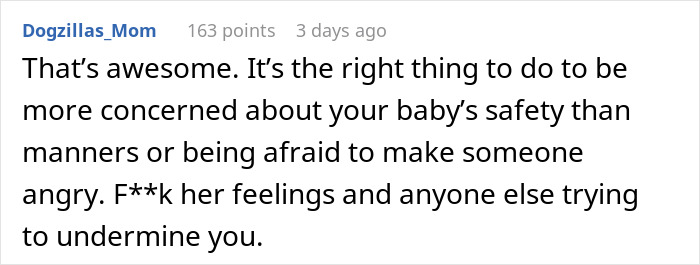 Reddit comment supporting a mom prioritizing baby safety over manners, emphasizing assertiveness.