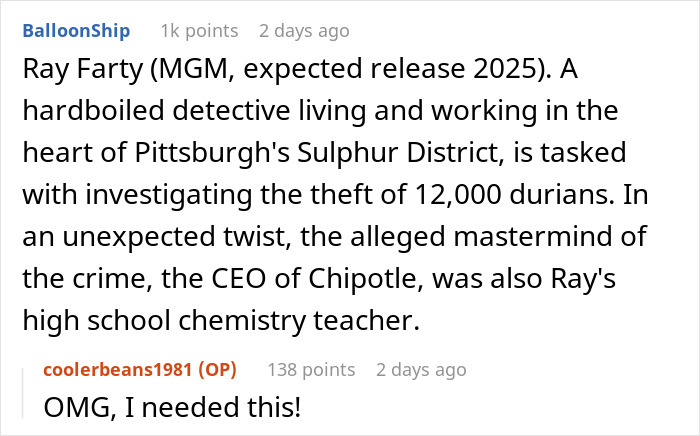 Comment thread about a fictional detective movie plot, focusing on the theft of durians and an unexpected twist.