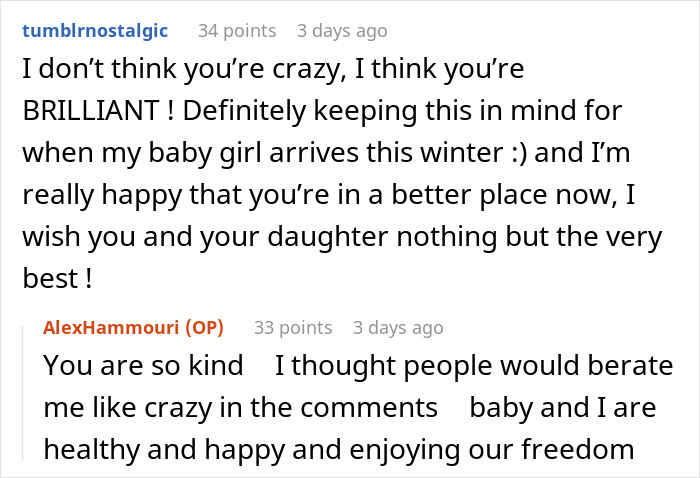 Reddit comment exchange discussing positive parenting experiences and support.