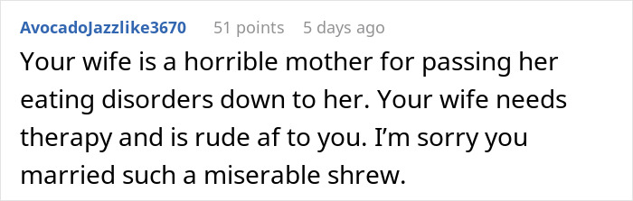 Reddit comment criticizing wife's food complaints and her behavior.