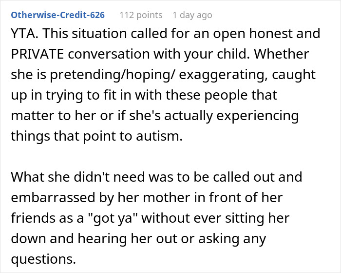 Parent Seeks Advice After Calling Out Daughter In Front Of Her Friends That She Doesn't Have Autism