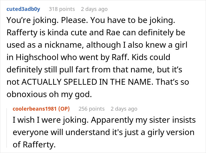 Reddit comments discussing potential bullying due to a child's unusual name choice.