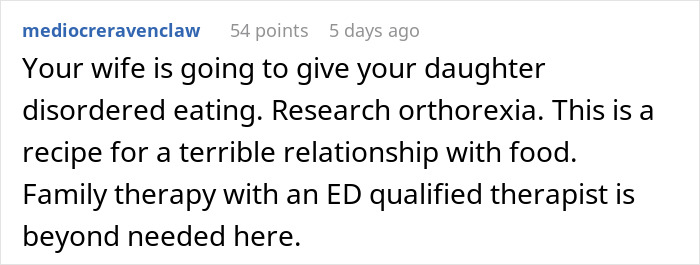 Reddit comment discussing food complaints and disordered eating concerns.