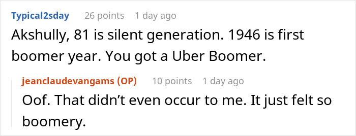 Screenshot of a Reddit exchange about generational labels, highlighting differences between silent generation and baby boomers.