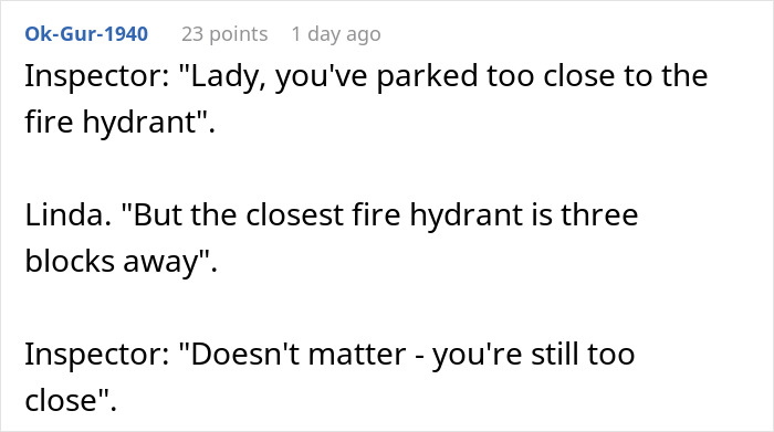 Text exchange about parking near a fire hydrant between inspector and Linda.