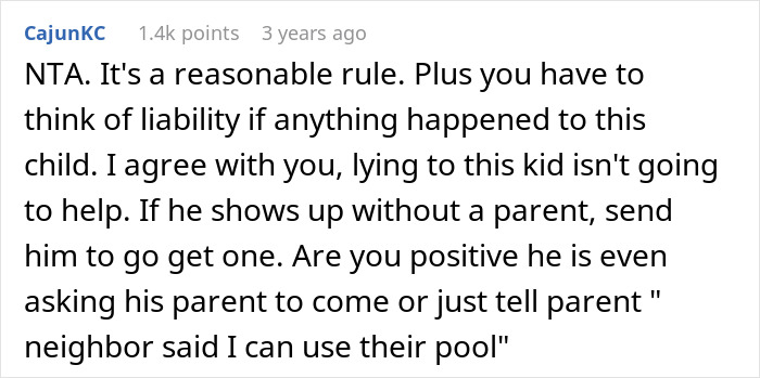 Comment discussing pool safety rules for children without parental supervision.