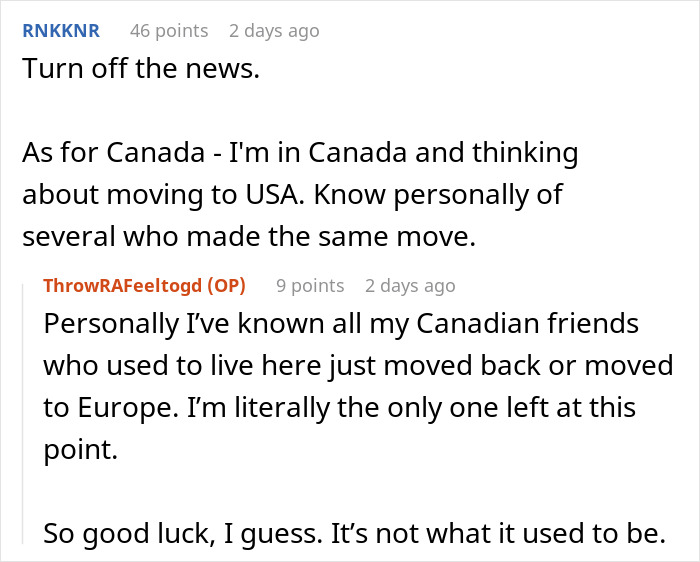 Reddit thread about moving from Canada to the USA, discussing personal experiences and decisions.