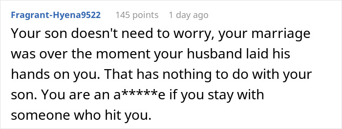 Reddit comment on family dynamics, discussing son, husband, and marriage issues.