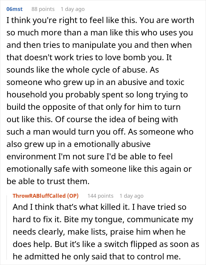 Reddit comments discussing husband attempted manipulation and emotional abuse cycle.